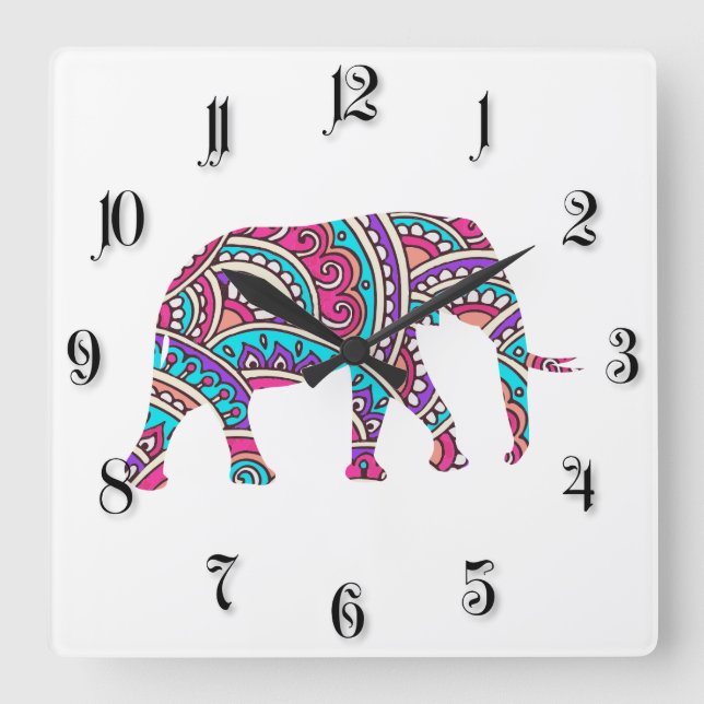 Reloj Cuadrado Elefante colorido (Anverso)