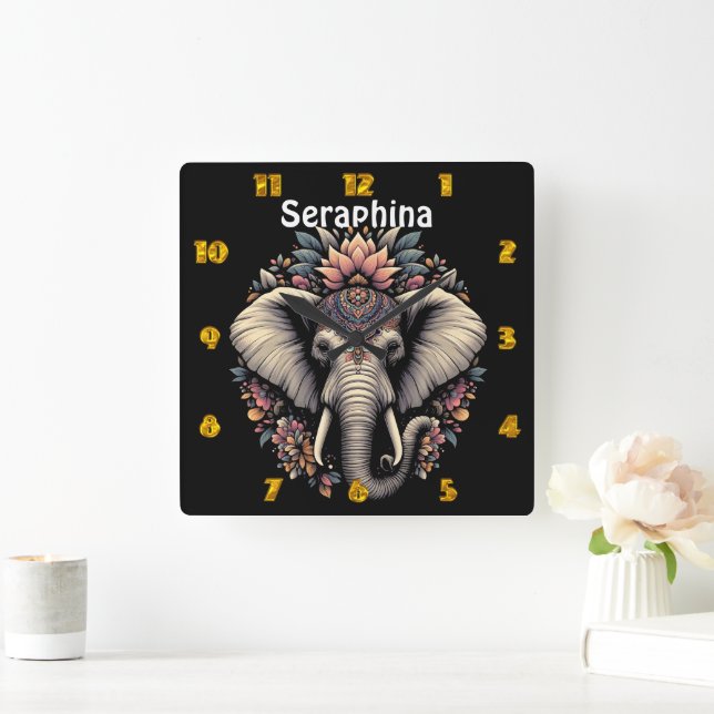 Reloj Cuadrado elefante con estampado floral en la naturaleza (Hogar)