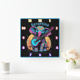 Reloj Cuadrado Elefante con guitarra al atardecer