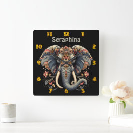 Reloj Cuadrado Elefante con intrincados diseños florales