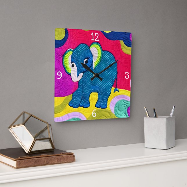 Reloj Cuadrado Elefante Cute Blue Baby - Diseño Quilt Like (Oficina)