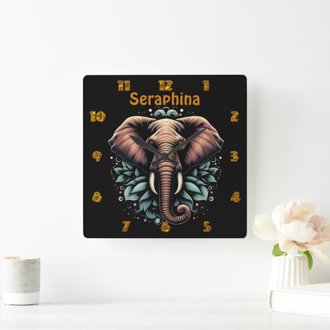 Reloj Cuadrado Elefante de amanecer floral arte de lanzar almohad (Hogar)