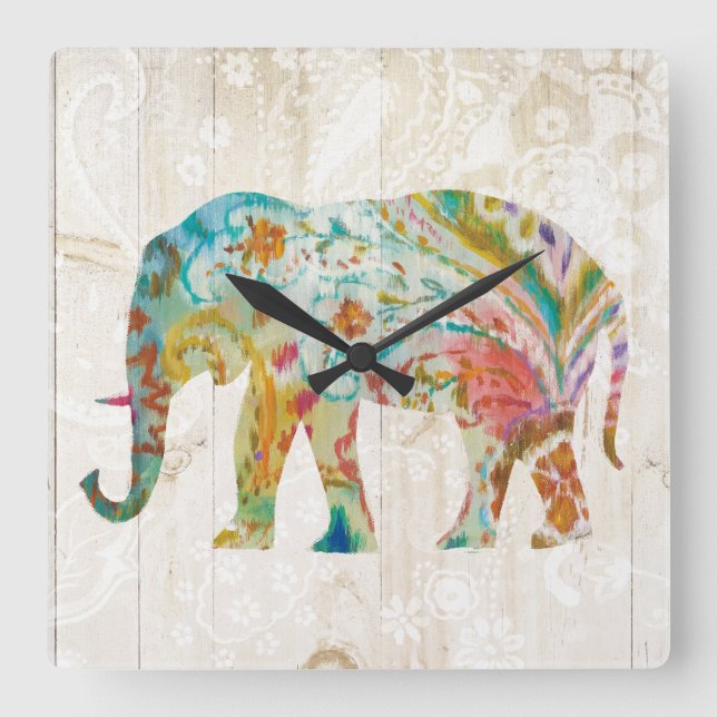 Reloj Cuadrado Elefante de Boho Paisley II (Anverso)