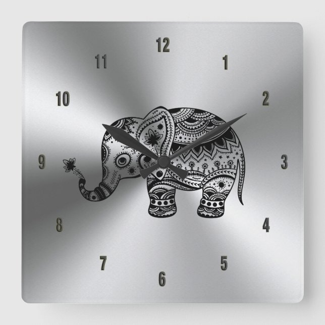 Reloj Cuadrado Elefante floral negro plata metálica (Anverso)