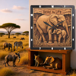 Reloj Cuadrado Elefante Madre Bebé Grabado