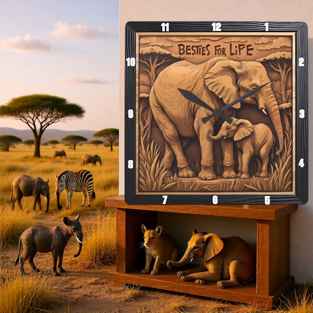 Reloj Cuadrado Elefante Madre Bebé Grabado (Subido por el creador)