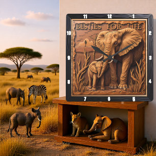 Reloj Cuadrado Elefante Madre Bebé Grabado En Polvo