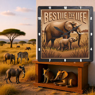 Reloj Cuadrado Elefante Madre Bebé Pasto Alto Grabado