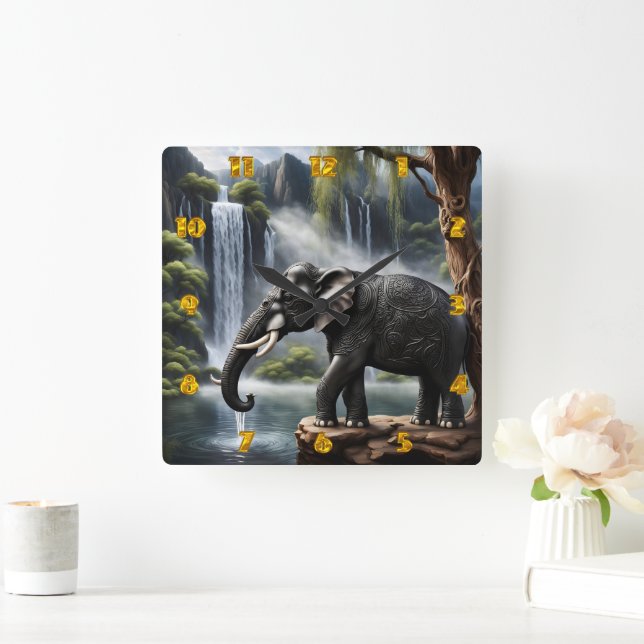 Reloj Cuadrado Elefante majestuoso por la cascada serena al amane (Hogar)