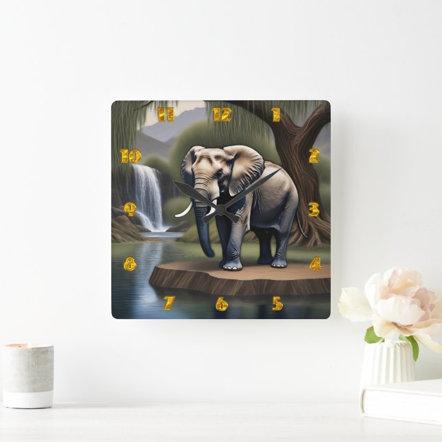 Reloj Cuadrado Elefante majestuoso por la cascada serena al amane (Hogar)