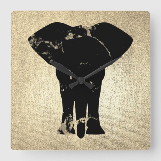 Reloj Cuadrado Elefante Mármol Negro Champaigne Faux Gold (Anverso)