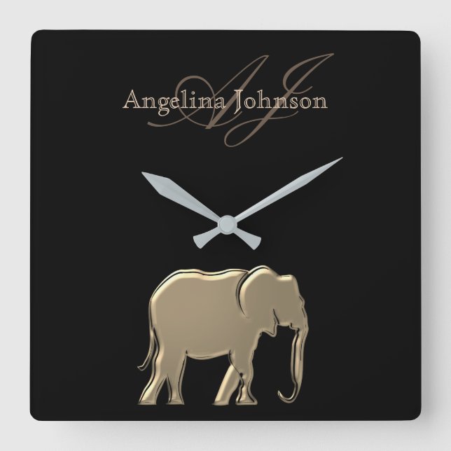 Reloj Cuadrado Elefante negro y dorado monogramado (Anverso)