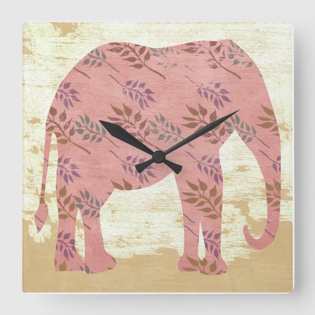 Reloj Cuadrado Elefante rosado con las hojas (Anverso)