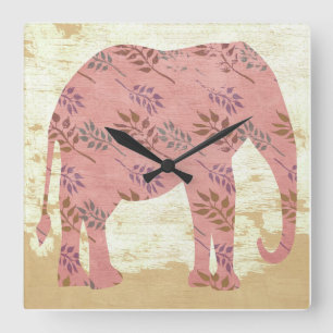 Reloj Cuadrado Elefante rosado con las hojas