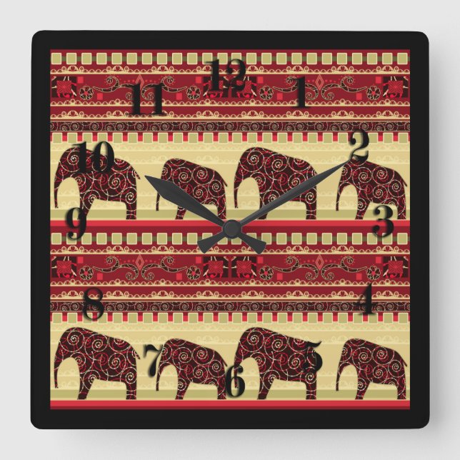 Reloj Cuadrado elefantes africanos de diseño étnico sin mar ornam (Anverso)