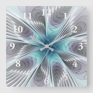 Reloj Cuadrado Elegancia Flor de Arte Fractal Blanco Gris Azul