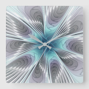 Reloj Cuadrado Elegancia Flor de Arte Fractal Blanco Gris Azul