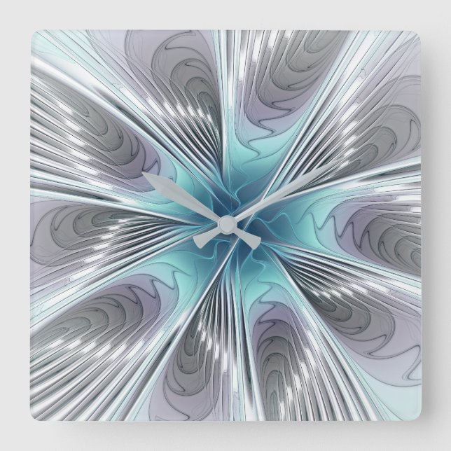 Reloj Cuadrado Elegancia Flor de Arte Fractal Blanco Gris Azul (Anverso)