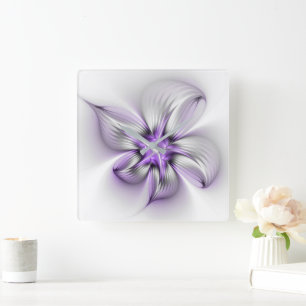 Reloj Cuadrado Elegancia floral arte abstracto moderno violeta fr