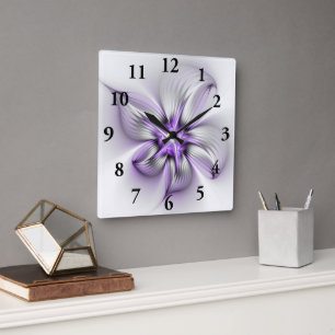 Reloj Cuadrado Elegancia floral moderna arte abstracto violeta fr
