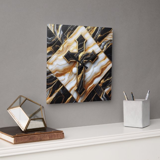 Reloj Cuadrado Elegancia Monocromo Patrón cerámico Tentado dorado (Oficina)