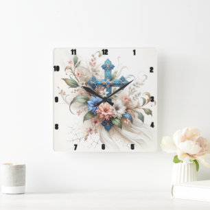 Reloj Cuadrado Elegancia Ornate Blue And Gold Cross Floral