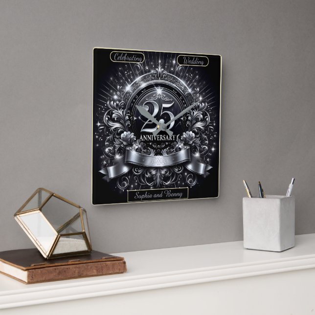 Reloj Cuadrado Elegancia plateada: 25º aniversario (Oficina)