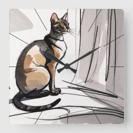 Reloj Cuadrado Elegant City Cat Looking Out The Window Minimalism