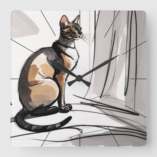Reloj Cuadrado Elegant City Cat Looking Out The Window Minimalism (Anverso)
