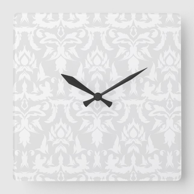 Reloj Cuadrado Elegant Damask Pattern Gray White Feminine (Anverso)