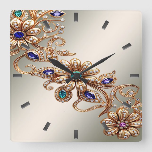 Reloj Cuadrado Elegant Gold Jewel Flowers Wall Clock (Anverso)