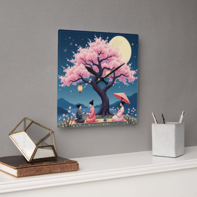 Reloj Cuadrado Elegant Hanami Cherry Blossom Wall Clock (Oficina)