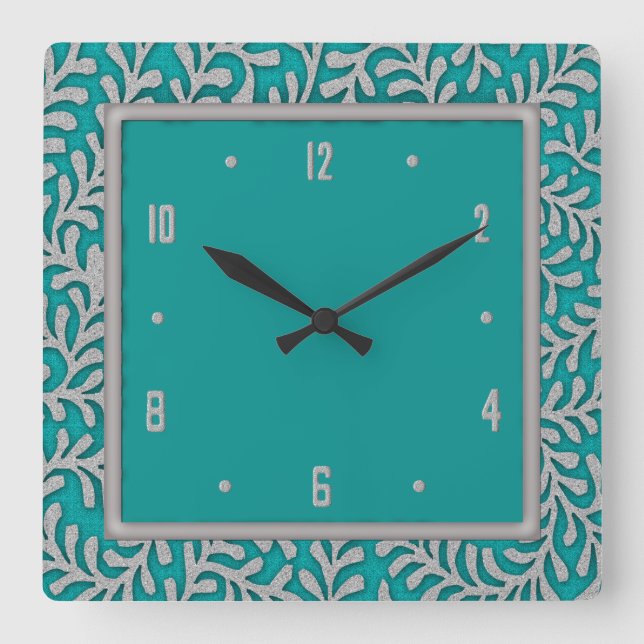 Reloj Cuadrado Elegant Silver Leaves Floral Wall Clock (Anverso)