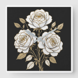 Reloj Cuadrado Elegant White & Gold Floral Rose Wall Clock 