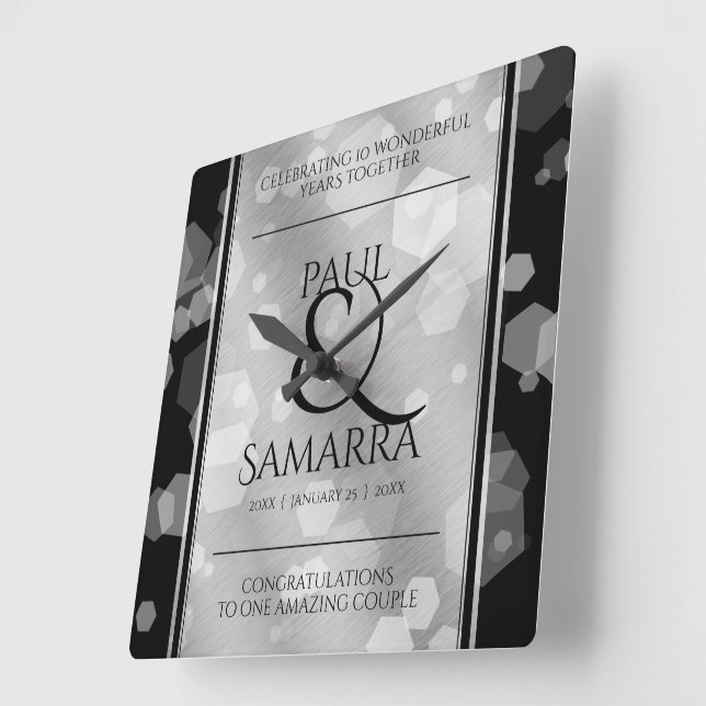 Reloj Cuadrado Elegante 10° Aniversario del Boda del Estaño Acríl (Ángulo)