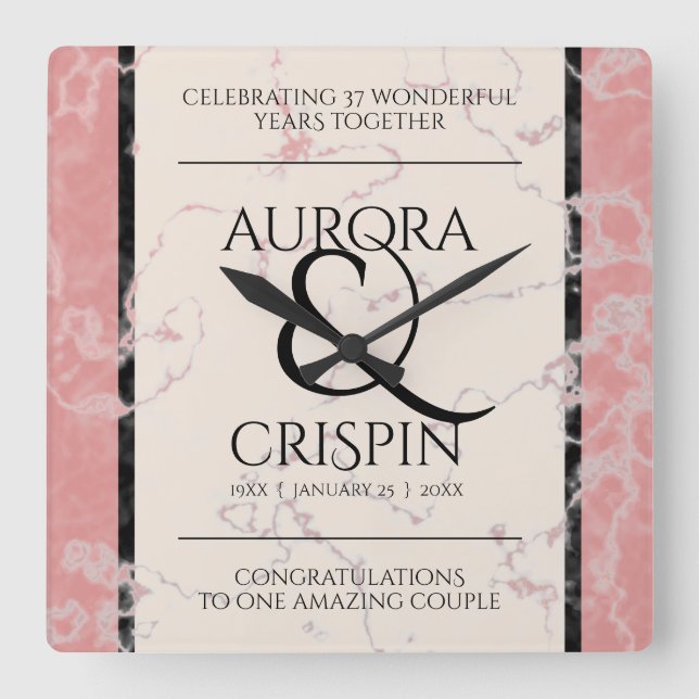 Reloj Cuadrado Elegante 37° Aniversario del Boda de Alabastro (Anverso)