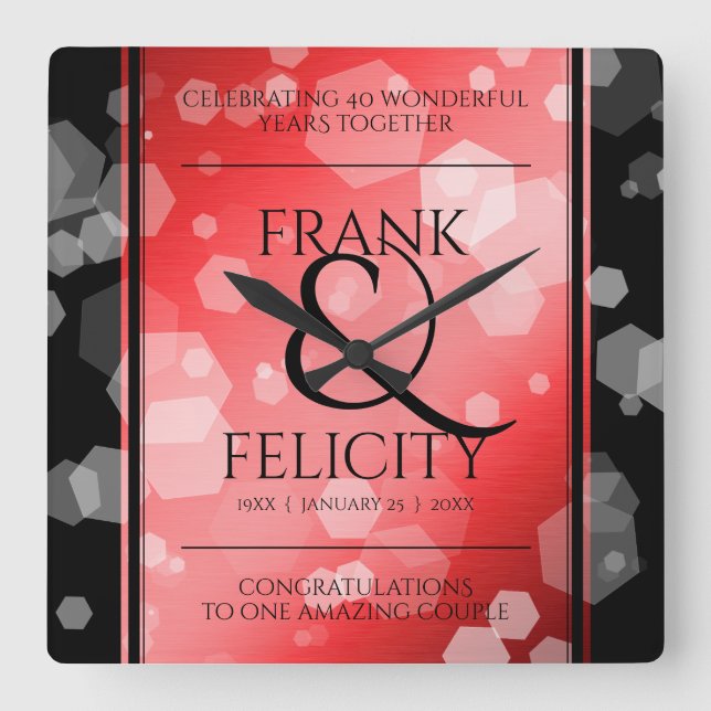 Reloj Cuadrado Elegante 40.º 80° Aniversario del Boda de Ruby (Anverso)