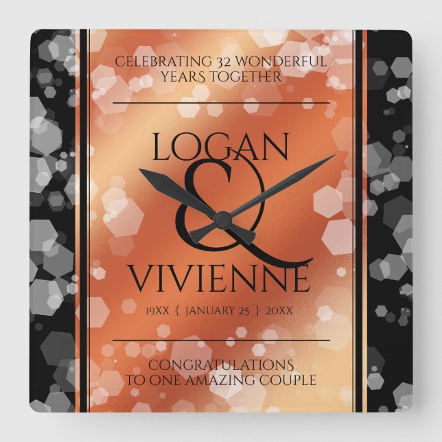 Reloj Cuadrado Elegante 8.º aniversario del Boda de bronce (Anverso)