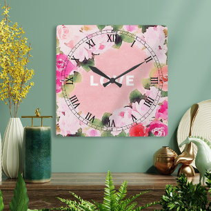 Reloj Cuadrado Elegante acuarela artística Roses rosas rosadas Am
