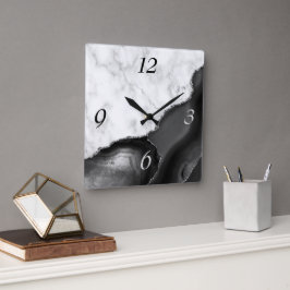 Reloj Cuadrado Elegante ágata negra mármol con brillo plateado