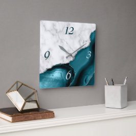 Reloj Cuadrado Elegante ágata teal mármol con brillo plateado