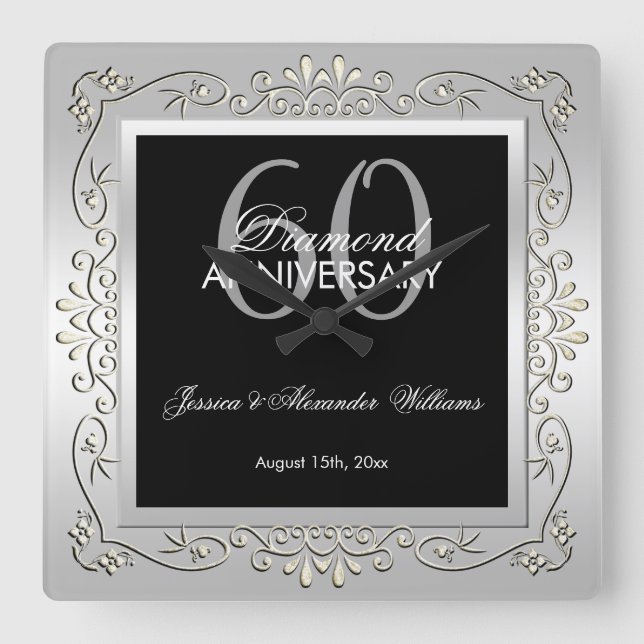 Reloj Cuadrado Elegante aniversario de Boda plateado 60. (Anverso)