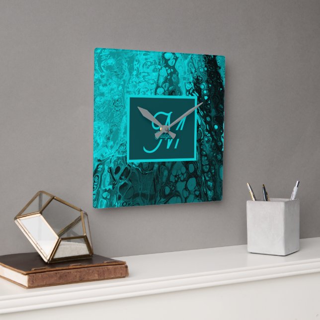 Reloj Cuadrado Elegante Aqua Verde azulado audaz Monograma de gui (Oficina)
