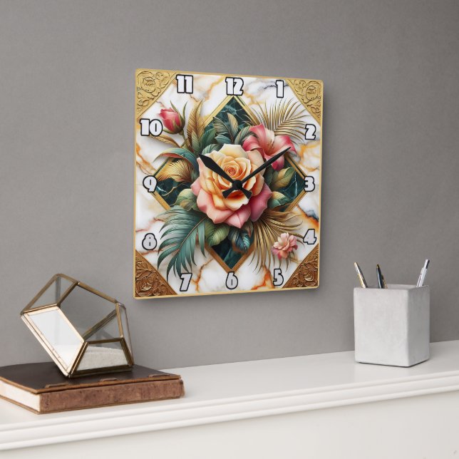 Reloj Cuadrado Elegante Arreglo Floral Con Rosas Y Hojas (Oficina)