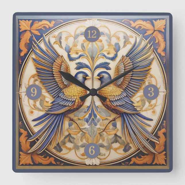 Reloj Cuadrado Elegante Art Nouveau Birds Pat#21 Blue Gold ID1078 (Anverso)