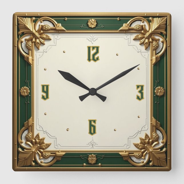 Reloj Cuadrado Elegante Arte Deco Verde (Anverso)