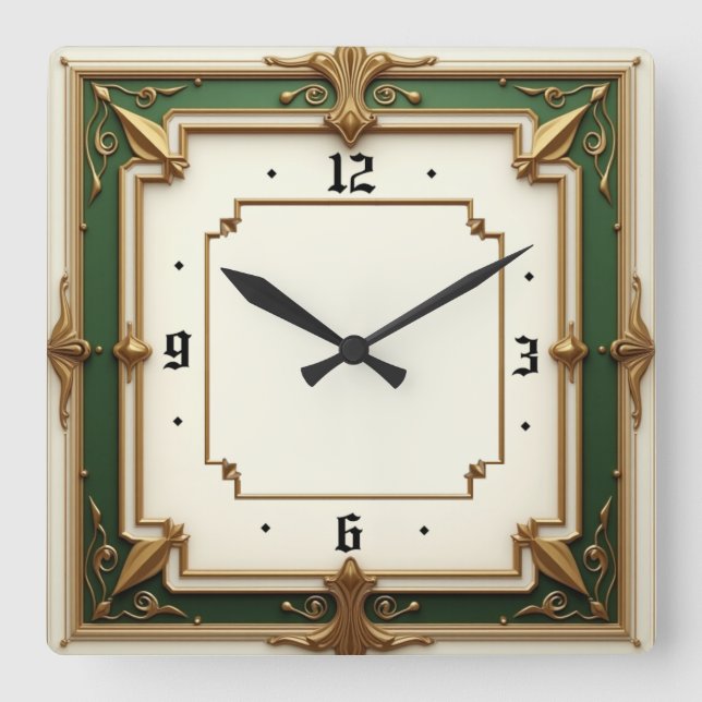 Reloj Cuadrado Elegante Arte Deco Verde (Anverso)