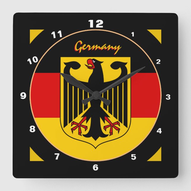 Reloj Cuadrado Elegante Bandera Alemana, Águila y Alemania / dise (Anverso)