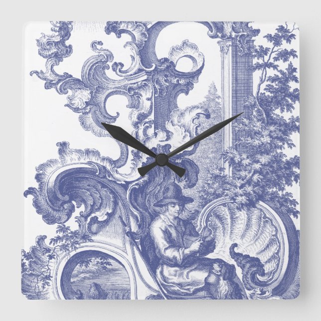 Reloj Cuadrado Elegante Blue French Baroque Toile (Anverso)