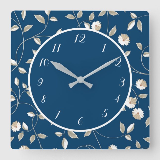 Reloj Cuadrado Elegante Blue White Daisies Flores Femeninas Flora (Anverso)